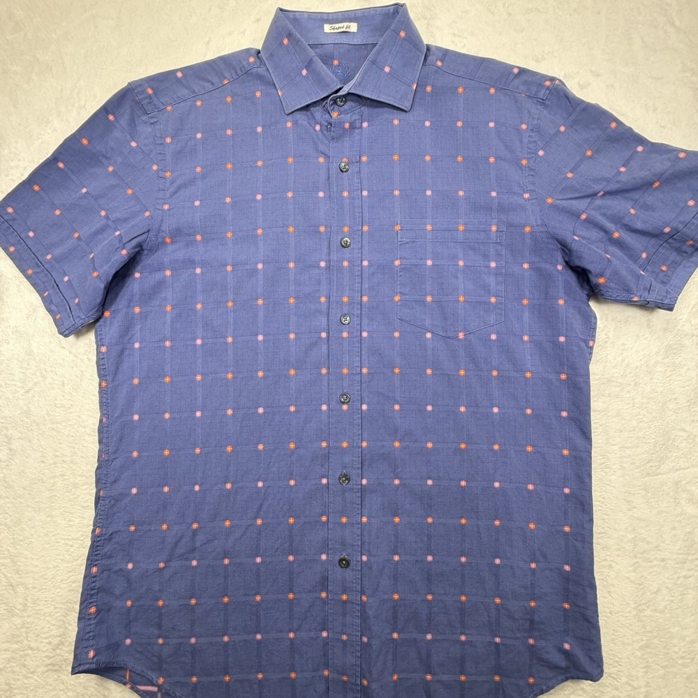 Bugatchi Shaped Fit Blue Button Down Short Sleeve Shirt Size Medium